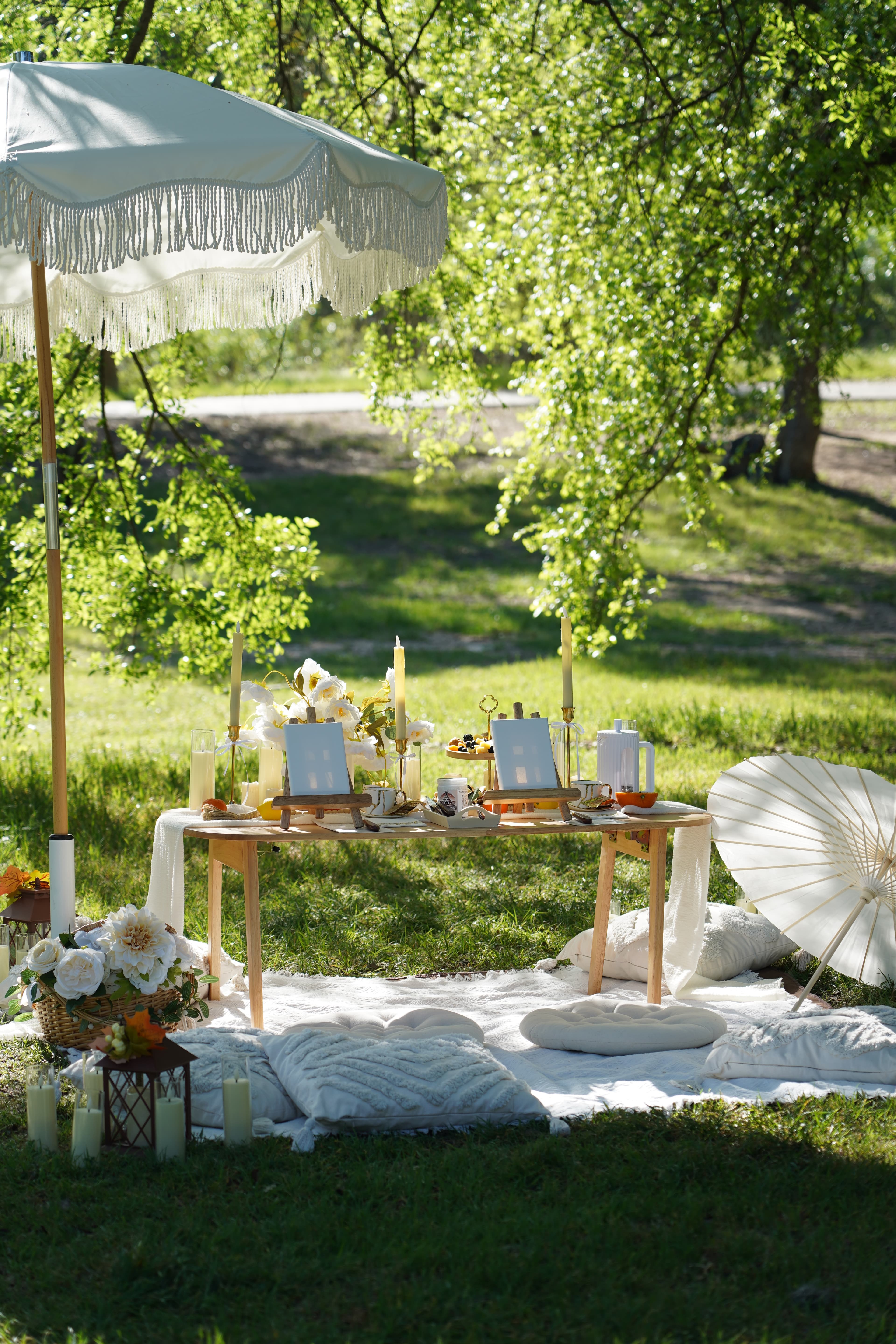 Aerial view of group picnic setup with flowers in Austin TX