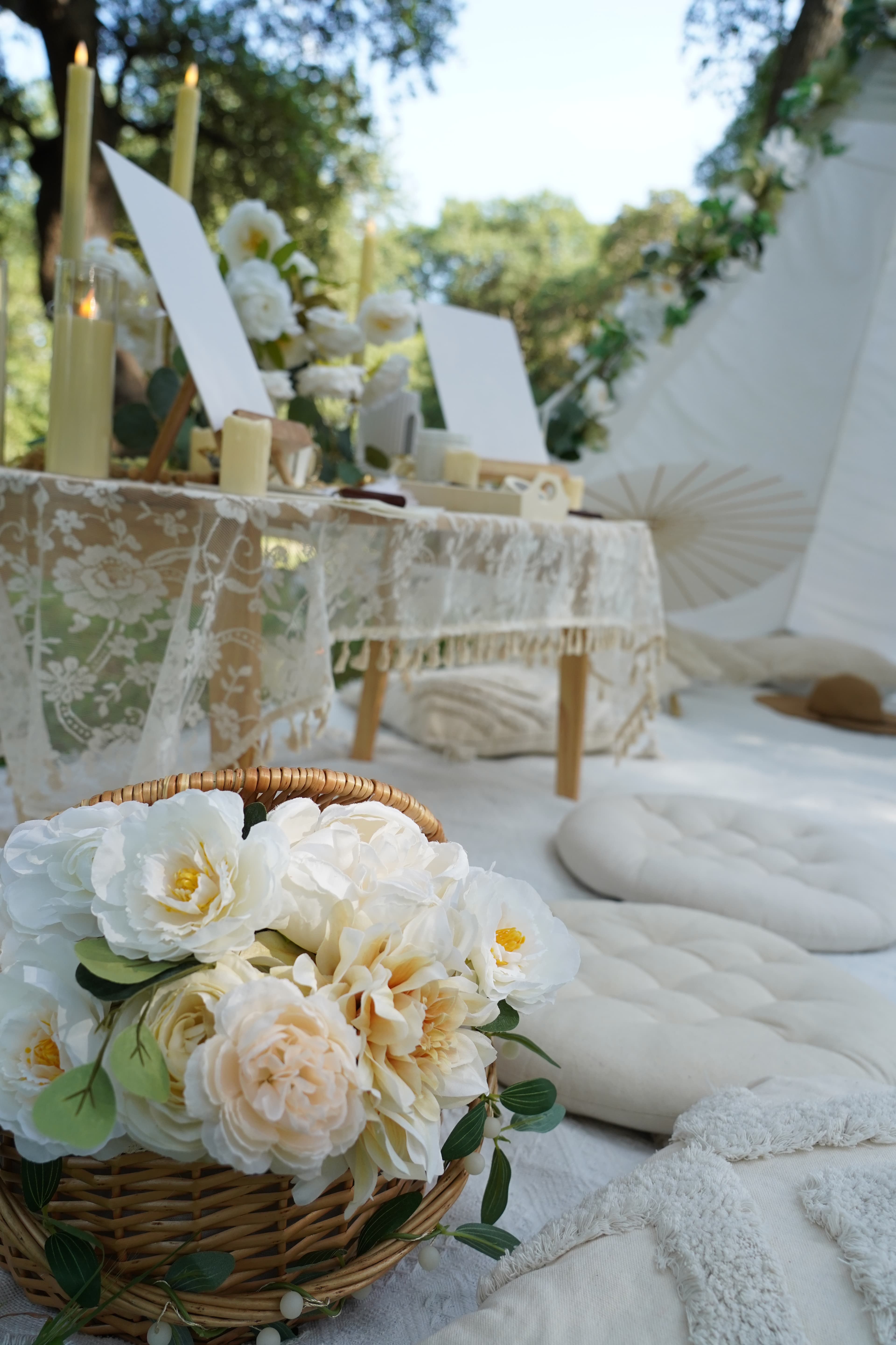 Picnic detail — flower basket and boho decor in Austin Texas