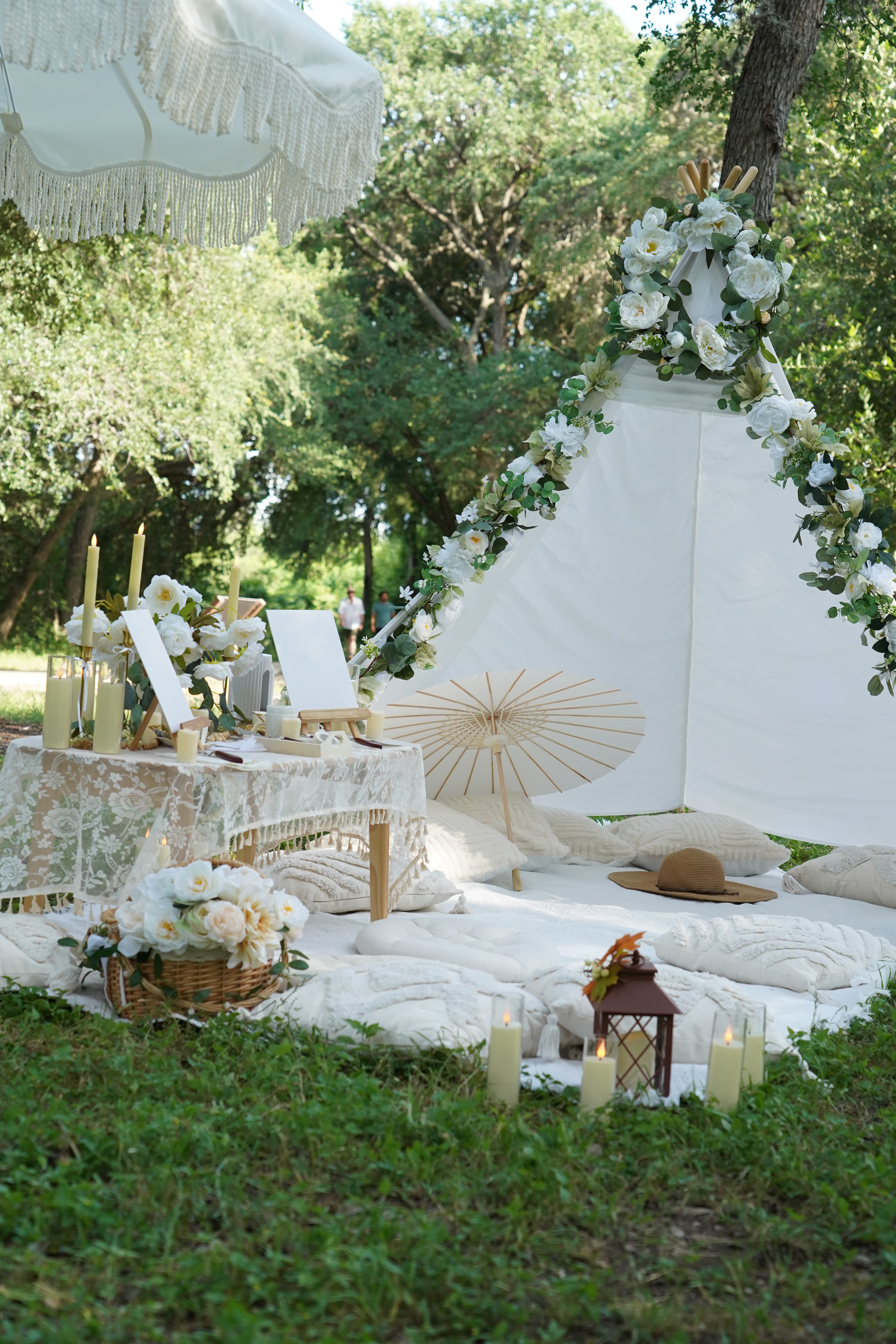 Aerial view of luxury boho picnic setup in Austin Texas