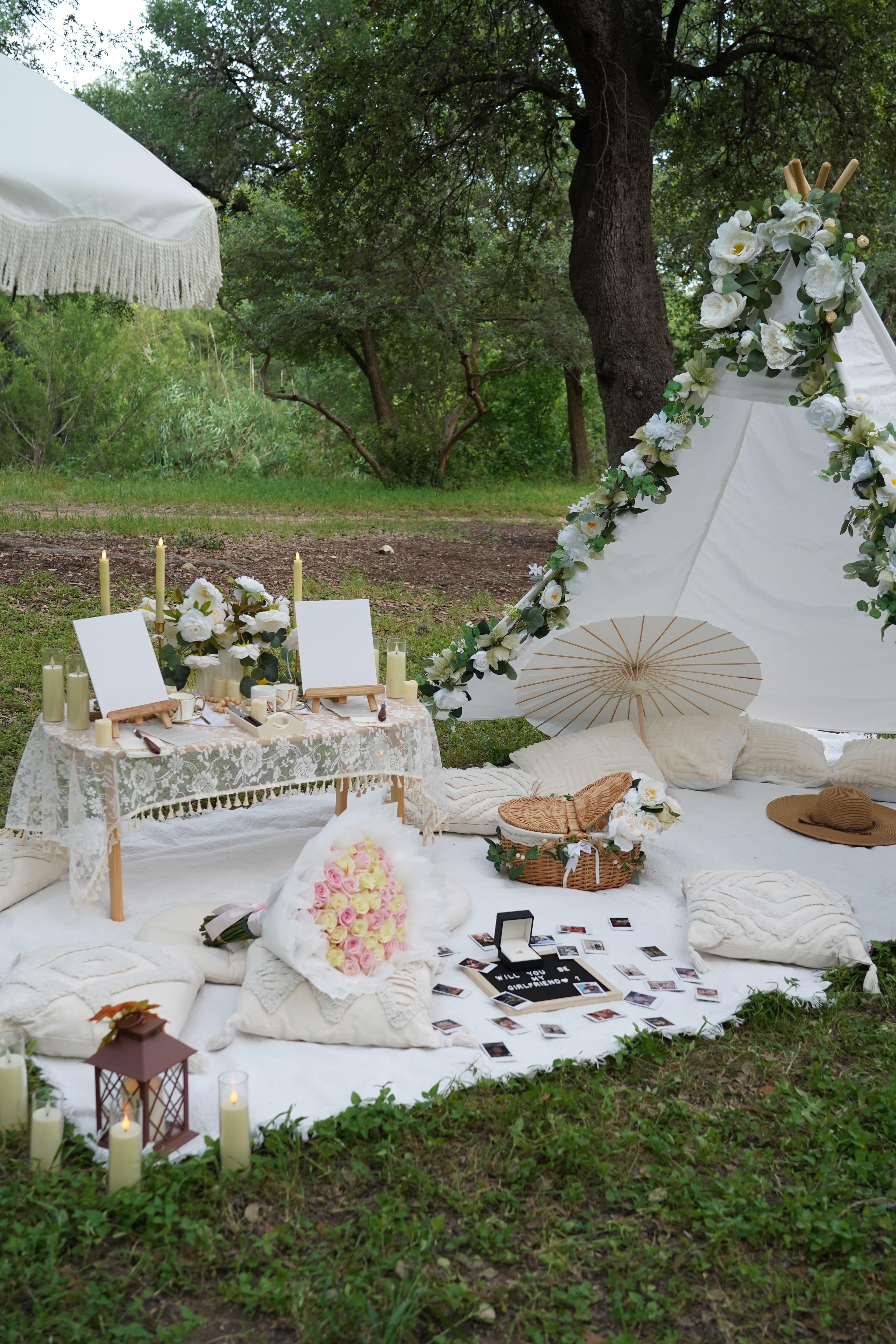 Full picnic setup aerial view with parasol and flowers Austin