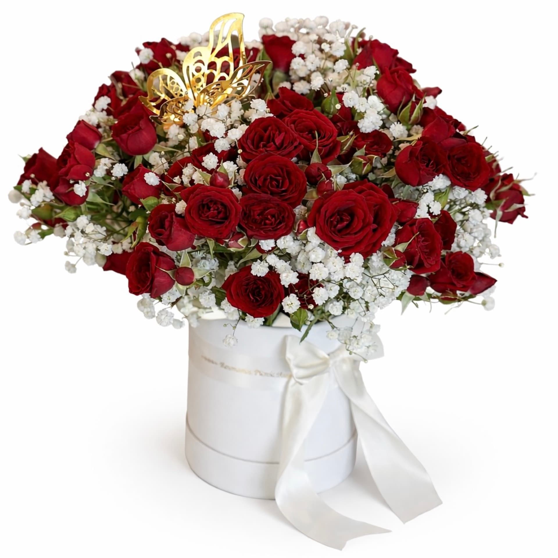 Box of red roses with baby's breath and a gold butterfly from Resonance Picnic